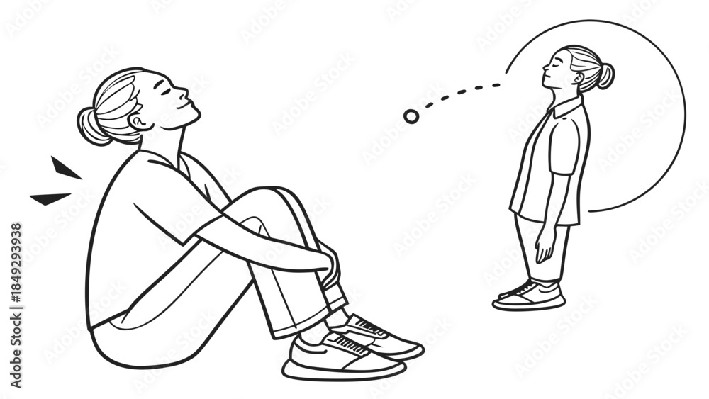 Obraz premium Mindful woman in contemplation, child in wonder. Line art illustration of peace, imagination, and memory.