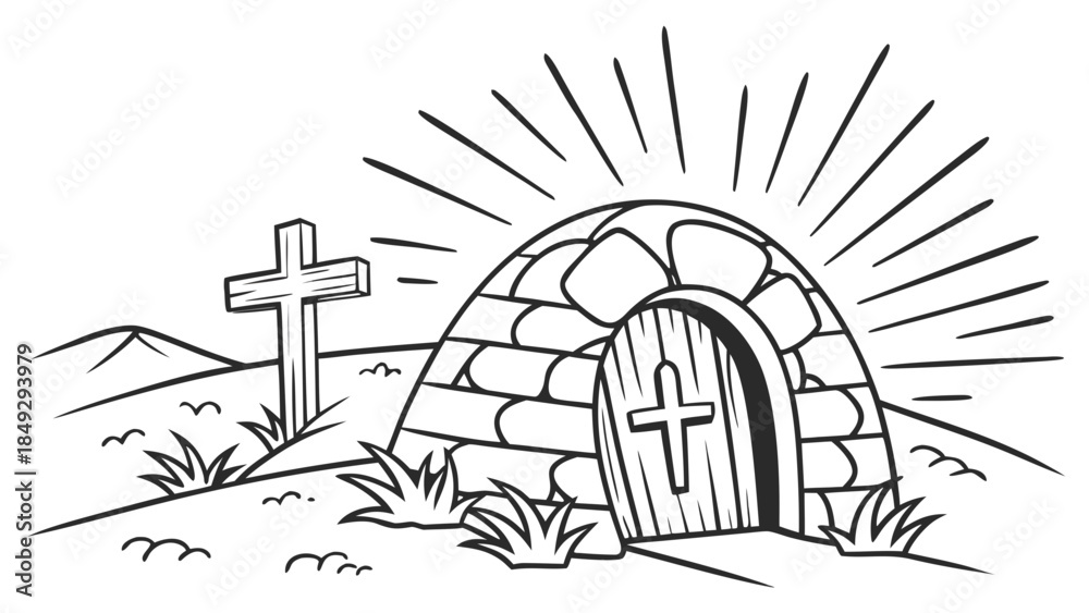 Naklejka premium Easter Empty Tomb with Cross and Radiant Light Line Art Illustration