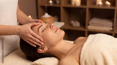 Woman getting head massage at spa. Relaxation and beauty treatment for woman. Wellness and self care concept for health and rejuvenation.