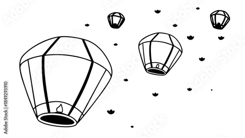 Sky lanterns flying. Black and white outline vector illustration of traditional paper lanterns for celebration, festival, and wish concept.