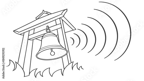 Traditional temple bell ringing icon with sound waves in black and white line art illustration