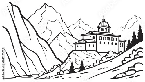 Historic Monastery on Mountain Cliff with Alpine Landscape - Black and White Line Art