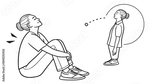 Mindful woman in contemplation, child in wonder. Line art illustration of peace, imagination, and memory.