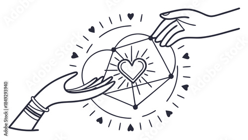 Hands exchanging sacred geometric heart, symbolizing love, connection, and spiritual giving and receiving in line art style