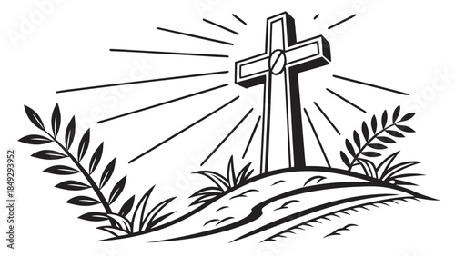 Christian Cross on Hill with Radiant Light and Olive Branches. Spiritual Symbol of Faith, Hope, and Resurrection. Black & White Vector.