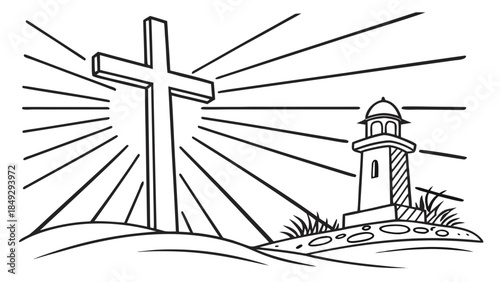 Christian Cross and Lighthouse with Radiant Rays. Symbol of Hope, Faith, and Guidance. Black & White Line Art.