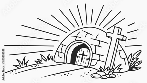 Empty Tomb with Cross and Light Rays - Christian Resurrection Symbolism Line Art