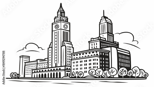 Urban Cityscape Illustration with Clock Tower and Buildings. Black and White Line Art Vector Drawing.