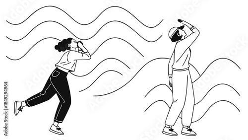 Abstract Line Art: Women Looking Up, Searching & Communicating with Wavy Lines – Seeking, Listening, Signals Concept