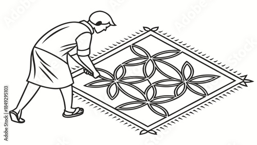 Line Art Illustration: Person Shaking Out a Decorative Patterned Rug for Household Cleaning and Maintenance
