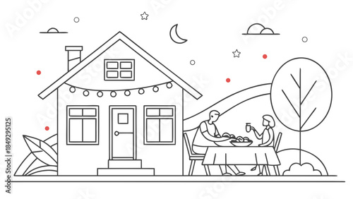 Line art illustration of family enjoying an outdoor evening dinner at home with string lights, moon, and stars.