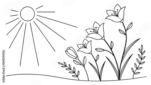 Line art of sun shining on blooming flowers. Simple black and white nature drawing for spring, growth, or coloring.