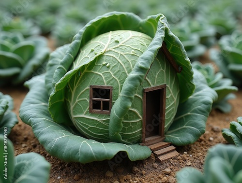 Miniature wooden house built into a cabbage growing in a vegetable garden