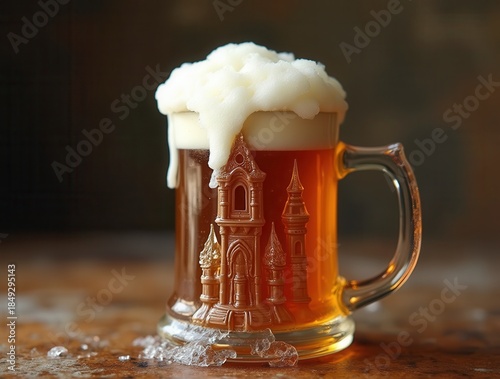 Overflowing beer mug with castle decoration on wooden table