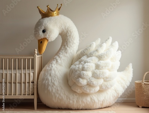 Plush swan toy wearing crown in nursery
