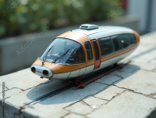 Retro futuristic monorail train model standing on a track