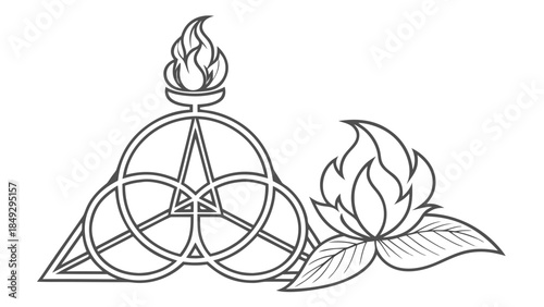 Spiritual Symbols Line Art: Torch, Trinity Knot, and Flaming Lotus Flower Illustration for Enlightenment