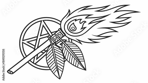 Flaming Torch with Feathers and Pentagram Symbol Line Art Illustration