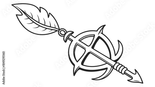 Stylized arrow with feather and abstract circular symbol. Decorative black and white graphic design element.