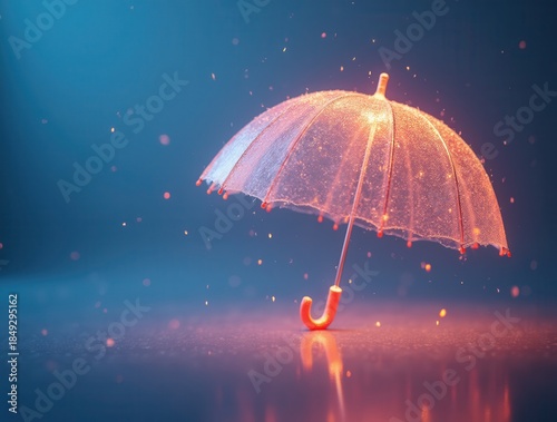 Transparent umbrella illuminated from inside with falling sparks in a dark blue background