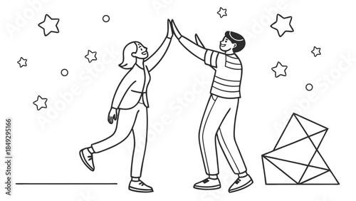 Joyful high five between two people, celebrating success and cooperation in modern line art style