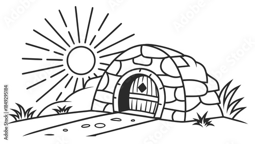 Whimsical Stone Dwelling on Grassy Hill with Round Door and Sun - Line Art Illustration