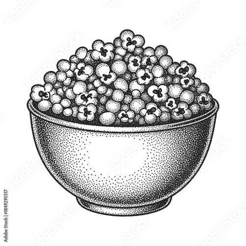 homemade popcorn bowl in retro halftone style, movie snack illustration