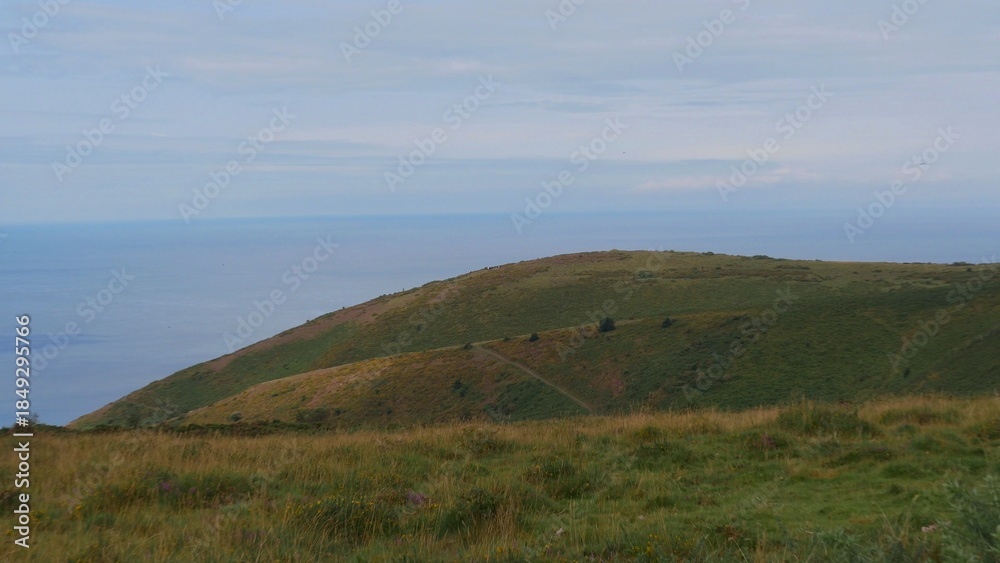 Obraz premium Beautiful Views from Bossington Hill overlooking Bossington Beach, Porlock Bay, Porlock Weir, located in the Exmoor National Park, Somerset, UK