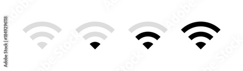 WiFi signal strength icons in grayscale and black styles, Wireless internet connection symbols, Network status indicator set, Minimal WiFi UI icons, Connectivity graphic elements, Vector illustration.