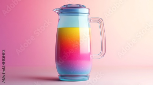 Colorful layered liquid in clear pitcher against gradient background