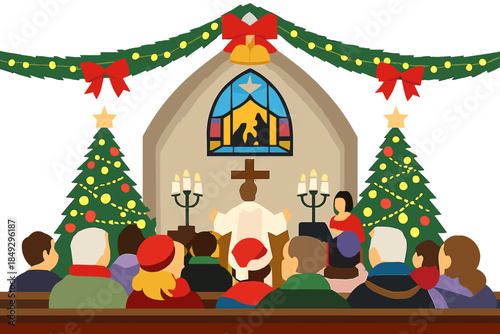 Attendees gather in a church adorned with festive lights and Christmas trees for a Christmas Eve service