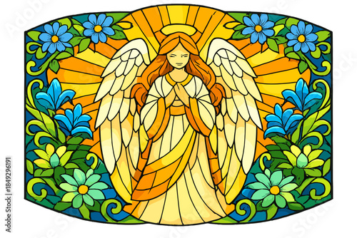 A bright stained‑glass portrayal of a tranquil angelic figure, with warm golden hues radiating from the angel, encircled by detailed floral motifs illuminated in lively blues and greens, bathed in