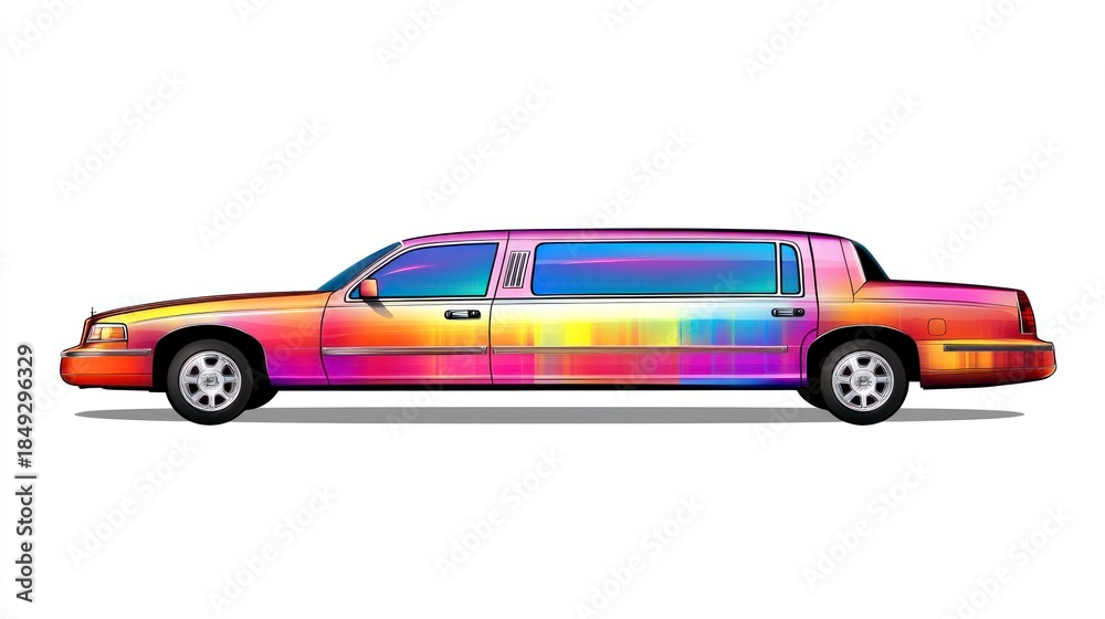 Naklejka premium Colorful limousine isolated on white background with vibrant rainbow hues