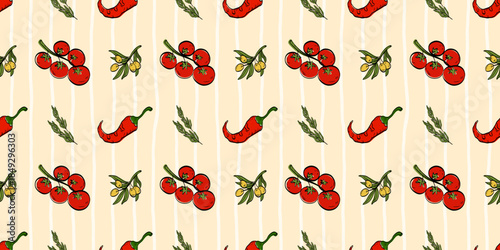 Seamless Mediterranean pattern with cherry tomatoes, olives, red chili peppers and green herbs on soft beige striped background. Fresh repeating design for kitchen textiles, packaging, food branding