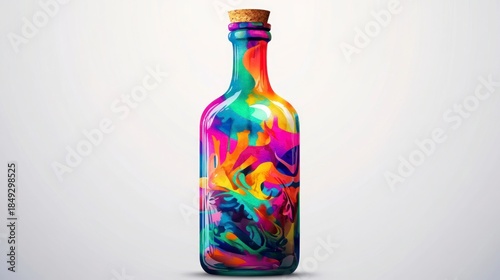 Colorful swirling liquid abstract inside glass bottle against white background