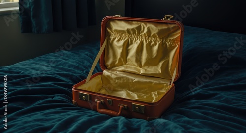Open suitcase rests on rumpled teal bedcover with gleaming gold satin lining and empty interior under soft window light. There is available space for text on the dark bed and wall, evoking a moody vin