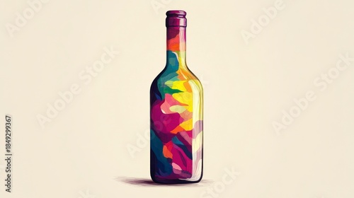 Colorful wine bottle illustration against a neutral backdrop for design use