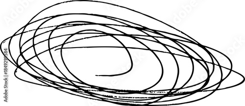 Hand drawn abstract oval scribble made with black ballpoint pen.