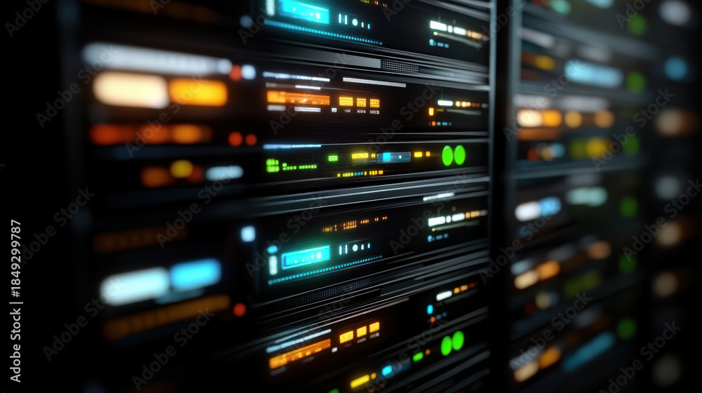 Naklejka premium Clean white data center rack with colorful LED indicators creating high fidelity glow