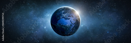 Planet Earth globe at night in the space. Blue planet surface. Wide space wallpaper. Deep space and stars on background. Elements of this image furnished by NASA. Not AI content