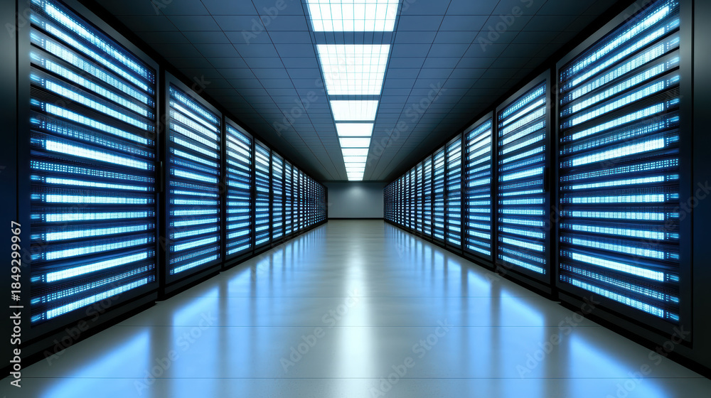 Fototapeta premium High tech server room corridor with rows of illuminated racks and cool blue lighting evoking