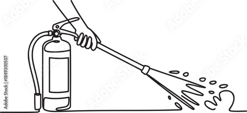 Continuous line drawing of a fire extinguisher with a hand holding the nozzle and spraying water