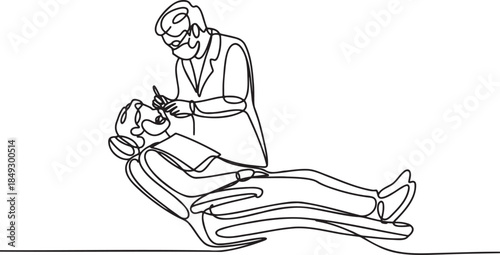 Continuous line drawing of a dentist examining a patient in a dental chair