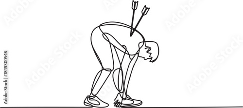 Continuous line drawing of a man shot with arrows bending in pain