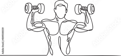 Continuous line drawing of a muscular man doing bicep curls with dumbbells