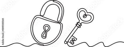 Continuous line drawing of a padlock and heart shaped key symbolizing security and love