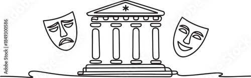 Continuous line drawing of an ancient theater building with comedy and tragedy masks
