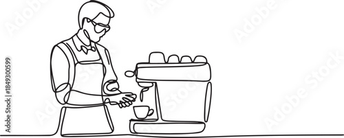 Continuous line drawing of barista making coffee