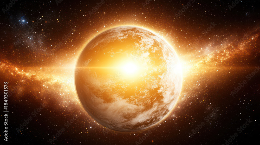 Fototapeta premium Golden glowing planet with radiant light and milky galaxy band
