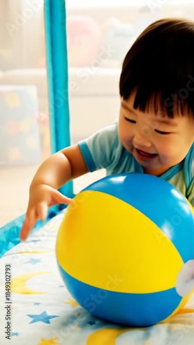 Happy child playing with a blue and yellow ball indoors smiling and joyful copy space